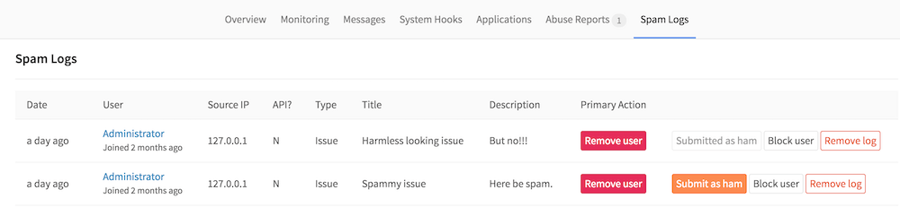 Screenshot of Spam Logs